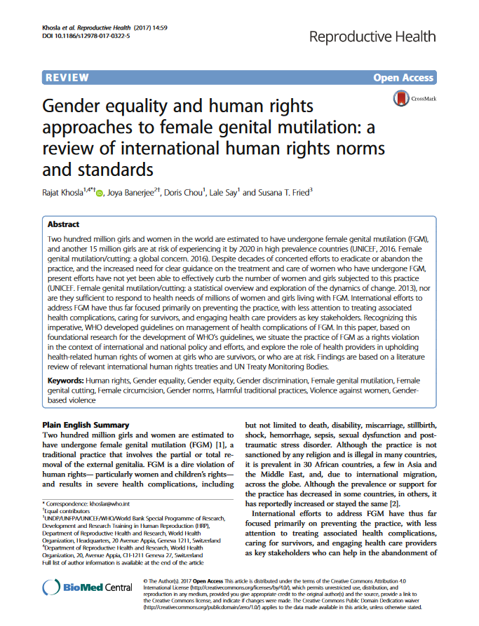 Gender equality and human rights approaches to female genital mutilation: a review of international human rights norms and standards